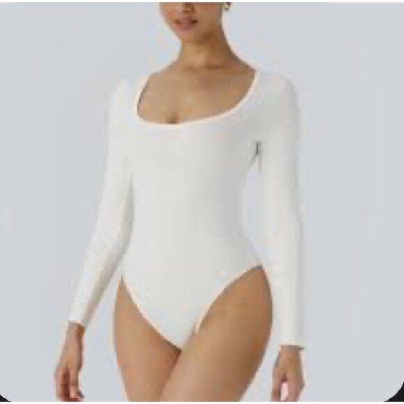 Halara U Neck Long Sleeve Snap Skinny Work Bodysuit Sz Small Womens White - Picture 1 of 5